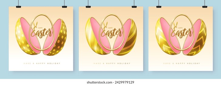 Set of Happy Easter holiday greeting cards, covers or banners with cut out egg and golden Easter egg inside. Vector illustration