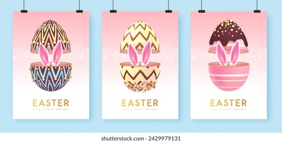 Set of Happy Easter holiday greeting cards, covers or banners with sweet open egg and Easter rabbit ears inside. Vector illustration
