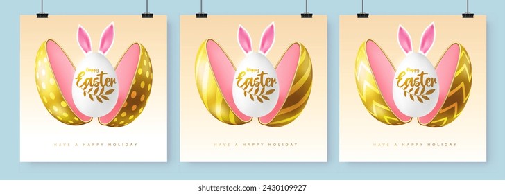 Conjunto de tarjetas de felicitación de feliz Pascua, cubiertas o pancartas con huevo cortado y huevo de Pascua en el interior. Ilustración de vector