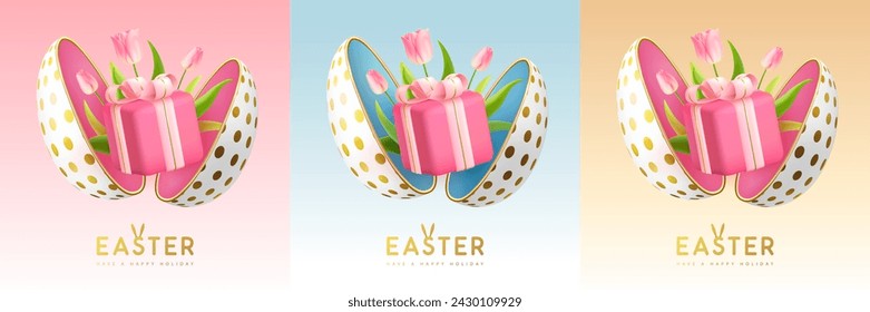 Set of Happy Easter holiday greeting cards, covers or banners with open egg, gift box and tulips inside. Vector illustration