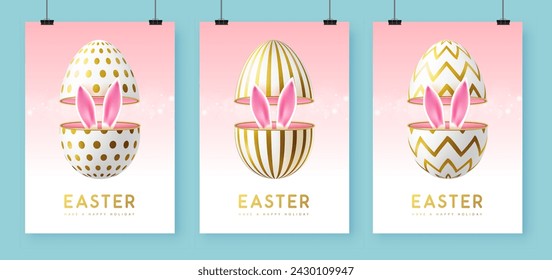 Set of Happy Easter holiday greeting cards, covers or banners with open egg and Easter rabbit ears inside. Vector illustration