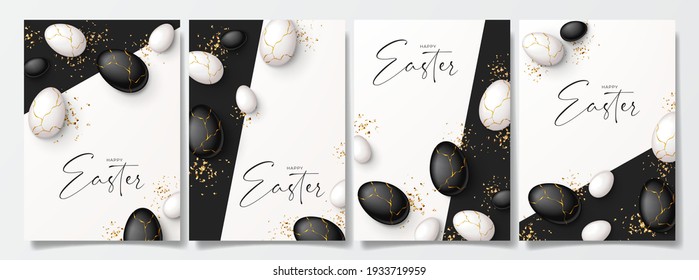 Carteles de Feliz Pascua. Vista superior sobre huevos blancos y negros con líquido dorado y confeti dorado. Ilustración vectorial con objetos decorativos 3d. Volantes de felicitación.