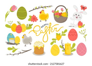 A set for the Happy Easter holiday with rabbit eggs, flowers, willow and other attributes.  Vector illustration in a flat style isolated on white background
