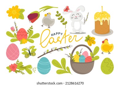 A set for the Happy Easter holiday with rabbit eggs, flowers, willow and other attributes.  Vector illustration in a flat style isolated on white background