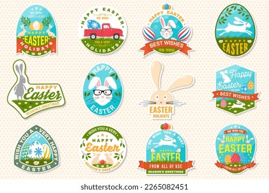 Set of happy easter holidays sticker, patch. Vector. Typography design with retro pickup truck, easter rabbit and colourful eggs. Modern minimal style. Easter Egg Hunt. Spring holiday