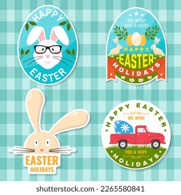Set of happy easter holidays sticker, patch. Vector. Typography design with retro pickup truck, easter rabbit and colourful eggs. Modern minimal style. Easter Egg Hunt. Spring holiday
