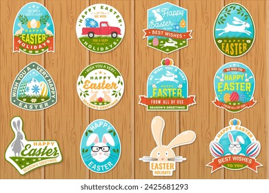 Set of happy easter holidays sticker, patch. Vector. Typography design with retro pickup truck, easter rabbit and colourful eggs. Modern minimal style. Easter Egg Hunt. Spring holiday