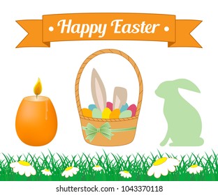 Set of happy Easter. The inscription on the ribbon. Candle, rabbit, eggs in a basket, green grass, chamomile. Vector illustration on white background