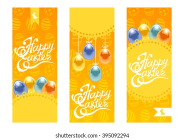 Set of Happy Easter lettering banners with shiny eggs