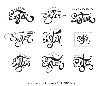 Set of Happy Easter lettering. Black and white calligraphy phrase