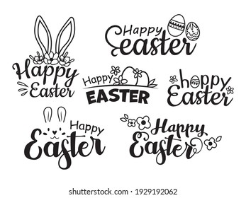 Set of Happy Easter lettering. Collection of lettering with Easter bunny ears and egg. Festive easter logo. Vector illustration isolated on white background.