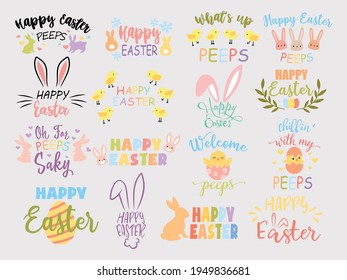 Juego de letras de Happy Easter. Colección de letras con orejas de conejito de Pascua y huevo. Logo de Pascua festiva. Ilustración colorida aislada sobre fondo blanco.