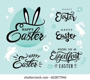 Set of Happy Easter lettering and design elements