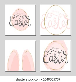 Set of Happy Easter lettering quotes with hand drawn brush pastel pink egg and bunny ears symbol isolated on white. Cute holiday background for postcards, invitations, greeting cards, banners, posters
