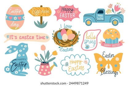 Set of Happy Easter lettering. Spring easter cute animal characters and garden elements. Collection of lettering with Easter bunny  and egg. Festive easter logo. 