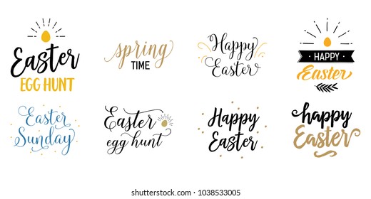 Set of Happy Easter letterings for promos. Easter holiday. Handwritten text, calligraphy. Can be used for greeting cards, posters, leaflets and brochure