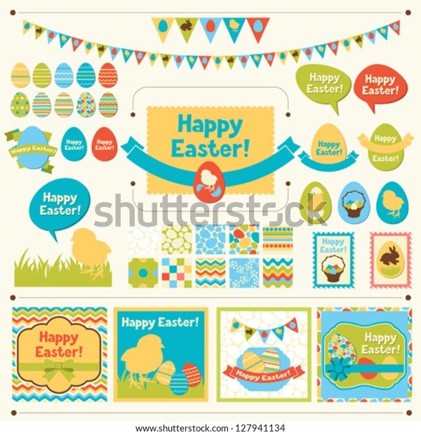 Set of\
Happy Easter ornaments and decorative\
elements.