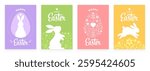 Set of Happy Easter pastel illustrations with cute bunny, easter eggs, heart and flowers. Easter and spring designs great for card, postcard, invitation, poster, cover, flyer, banner, or social media