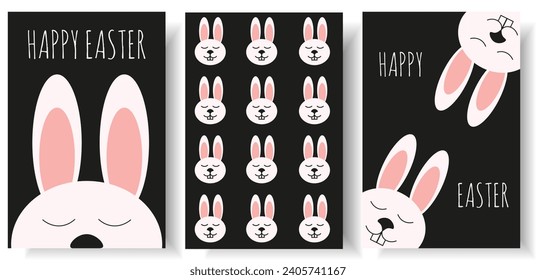 Set Happy Easter postcard with Groovy cute Bunny. Style Easter card design. Vector illustration for web and social media banner, poster and art.