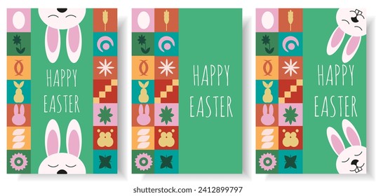 Set Happy Easter postcard with Groovy cute Bunny in trendy Geometric style. Style Easter card design. Vector illustration for web and social media banner, poster and art.