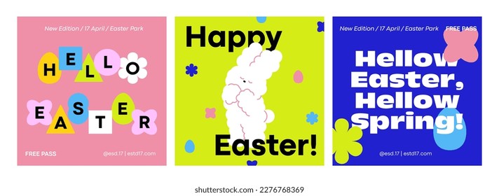 Set of Happy Easter Posts. Vector Flat Abstract Easter Geometric Cards. Trendy Pattern for Poster, Banner, Flyer, Postcard, Spring Theme Presentation and Web Design.