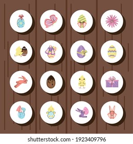 set happy easter rabbit eggs flower basket round icons wood background vector illustration