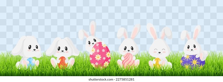 Set of Happy Easter rabbits. Cute Easter bunnies with eggs hidden in the grass. Vector Illustration isolated on png background. Spring holiday concept.