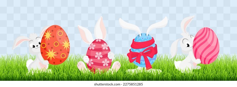 Set of Happy Easter rabbits. Cute Easter bunnies with eggs hidden in the grass. Vector Illustration isolated on png background. Spring holiday concept.
