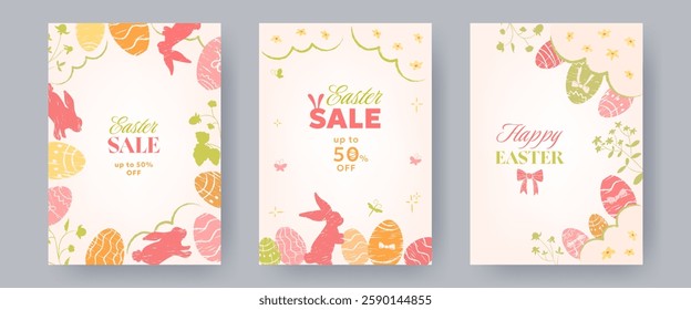 Set of Happy Easter Sale banners. Hand drawn designs with crayon texture, eggs, bows and easter bunnies in pastel colors. Trendy elegant typography, template for poster, holiday cover, greeting cards.