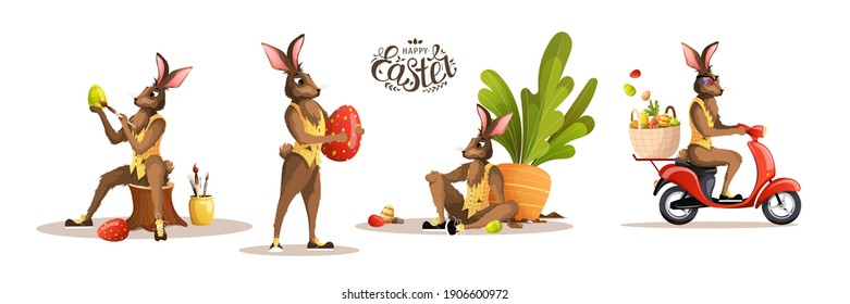 Set of Happy Easter scenes with rabbits. Easter bunny, decorated eggs, easter basket delivery. Isolated vector illustration for poster, banner, card, postcard.