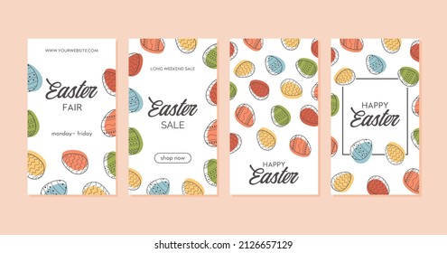 Set of Happy Easter social media templates, sale banners, greeting cards, vertical posters or holiday covers. Easter Eggs decorated in trendy minimalistic style. Vector flat illustration.