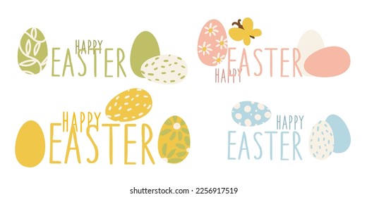 A set of Happy Easter stickers, a set of inscriptions with eggs in the form of labels. Painted eggs with drawings and text. Inscriptions stickers vector illustration