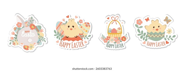 Set of Happy easter stickers isolated  on white background. Can be add text. 
