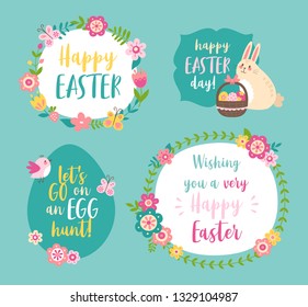 Set of Happy Easter templates with greeting inscriptions, flower wreaths, bunny and eggs. Easter greeting cards with text: Happy Easter day, let's go on an egg hunt, wishing you a very happy Easter