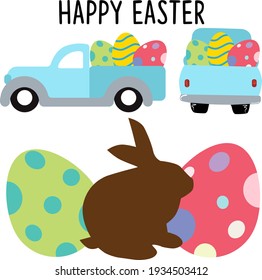 Set of Happy Easter Truck with Eggs, vector art illustration
