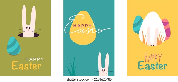 Set of Happy Easter vector design. Egg hunt concept. Easter egg, bunny, rabbit. Modern geometric abstract style.  