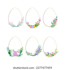 Set of Happy Easter vector illustration. Trendy Easter design with wreath, and spring flowers in soft colors for banner, poster, greeting card.