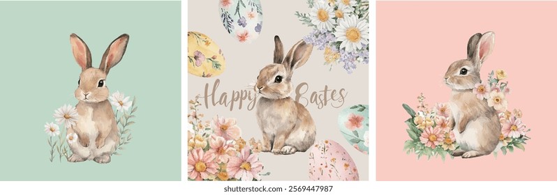 Set of Happy Easter watercolor cards featuring three adorable rabbits in different poses, painted eggs, and spring flowers in soft pastel tones.