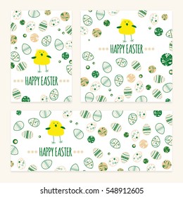 Set of Happy Easters wishes with abstract eggs, chick and natural motifs - vector illustration