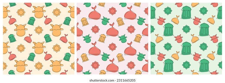 Set of Happy Eid Al Adha Mubarak Seamless Pattern of Muslims Celebration with Sacrificial Animals in Template Hand Drawn Cartoon Flat Illustration