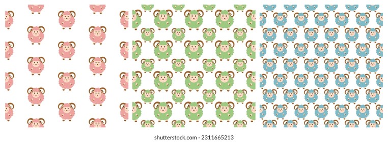 Set of Happy Eid Al Adha Mubarak Seamless Pattern of Muslims Celebration with Sacrificial Animals in Template Hand Drawn Cartoon Flat Illustration