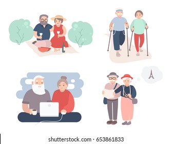 Set of happy elderly couple. Grandparents in different situations collection. Active lifestyle of old people. Colorful vector illustration in cartoon style.