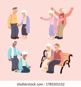set of happy elderly couples, grandparents in different situations collection vector illustration design