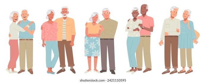 Set of happy elderly couples. Seniors, mature man and woman, spouses of different races together on a white background. Vector illustration in flat style