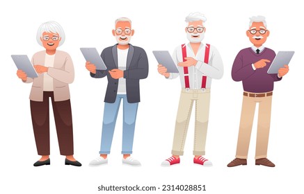 Set of happy elderly men and women holding a tablet computer in their hands. Internet surfing and working in a mobile application. Vector cartoon illustration on a white background.
