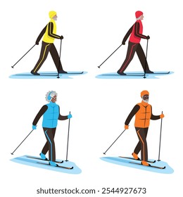 Set of happy elderly men and women skiing. Active seniors. Winter sports outdoors. Vector illustration in flat style.