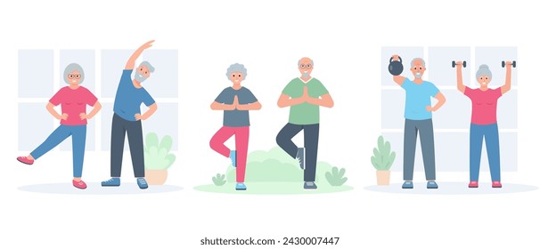 Set of Happy Elderly people doing sport exercises. Senior men and women active healthy lifestyle concept. Vector cartoon or flat illustration.