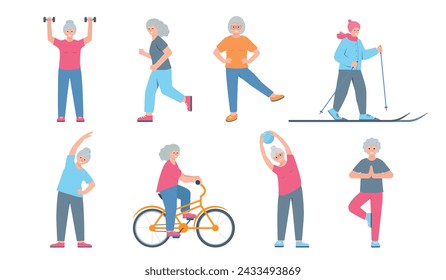 Set of Happy Elderly women doing sport exercises, yoga, skiing and riding bike. Senior woman sport active healthy lifestyle concept. Vector cartoon or flat illustration.