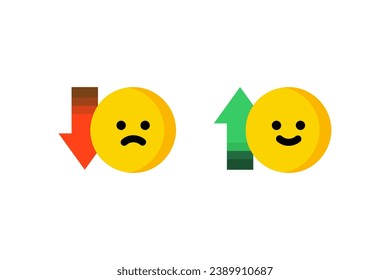 Set of happy emoji face with green upward arrow and sad emoji face with red downward arrow icon. Healthcare, mental health, mood concept. Flat vector design isolated illustration.