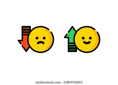 Set of happy emoji face with green upward arrow and sad emoji face with red downward arrow icon. Healthcare, mental health, mood concept. Flat vector design isolated illustration.